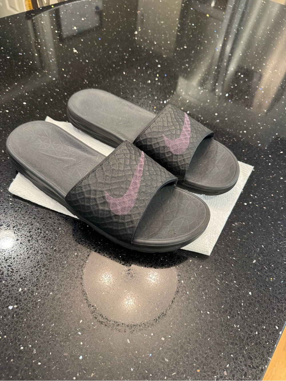 Men’s Nike Black Slides with Purple Swoosh